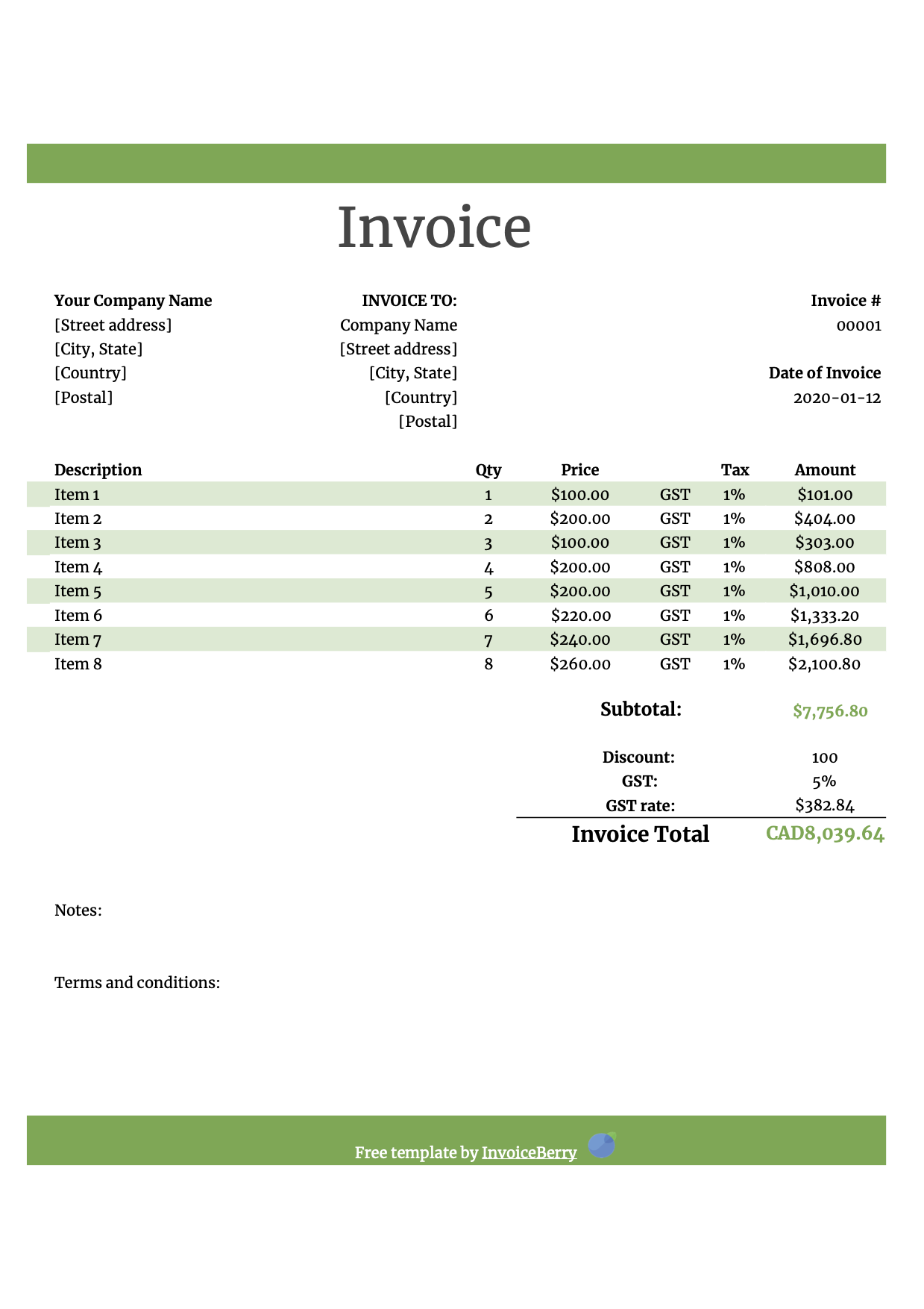 Australia Google Sheet Invoice Template