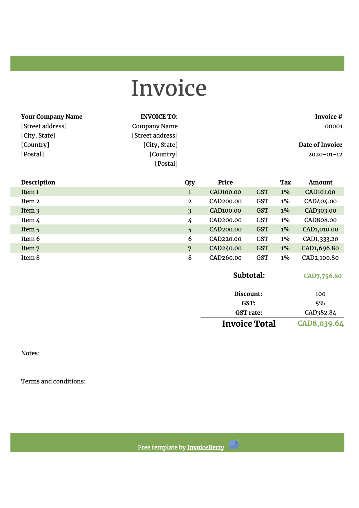 Canada Google Sheet Invoice Template