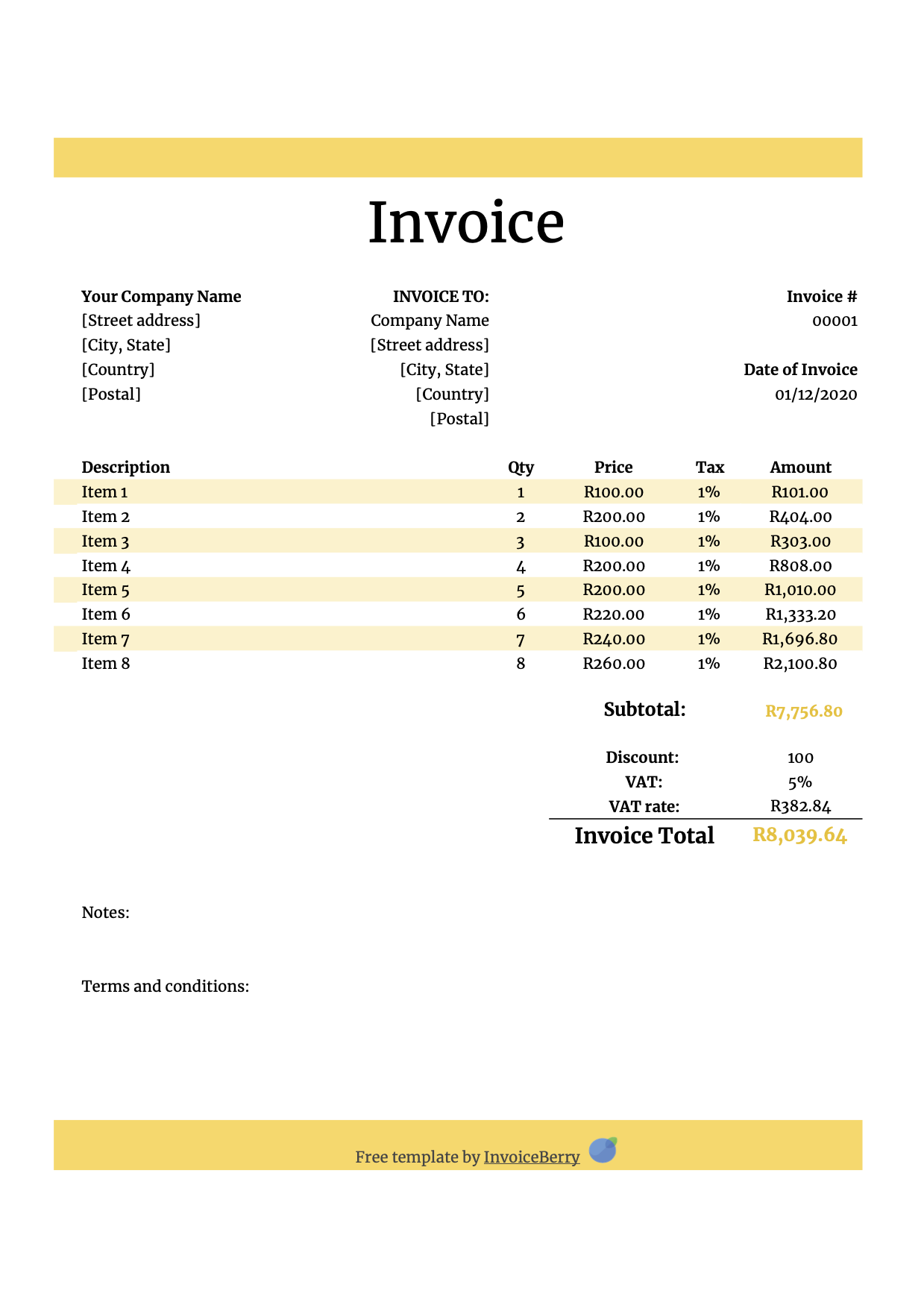 South Africa Google Sheet Invoice Template